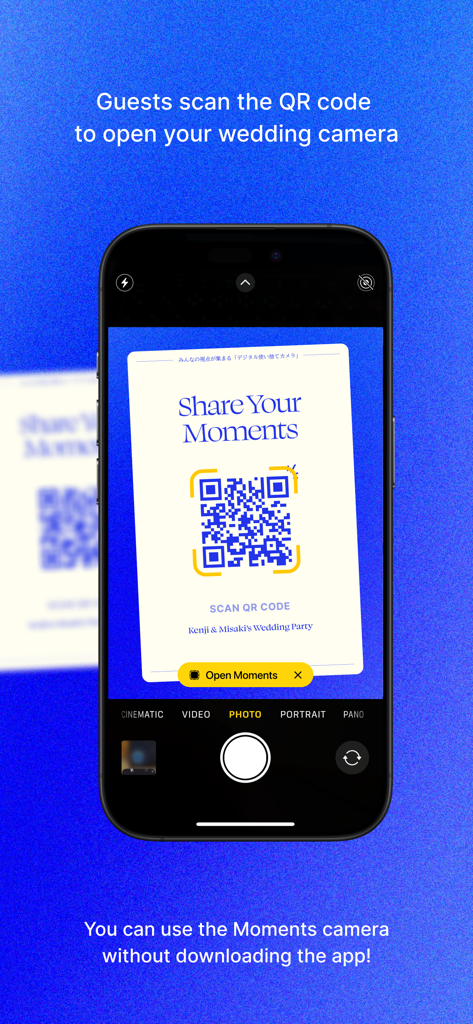 A smartphone scanning a QR code to access the Moments wedding camera without an app download