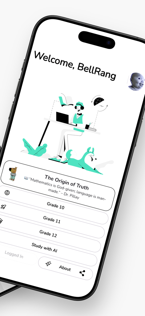 Grade 10,11,12 Mathematics App - Pantalla de inicio de la aplicación de estudio de Matemáticas de Grado 10, 11 y 12 con botones de selección de grado y un mensaje de bienvenida.