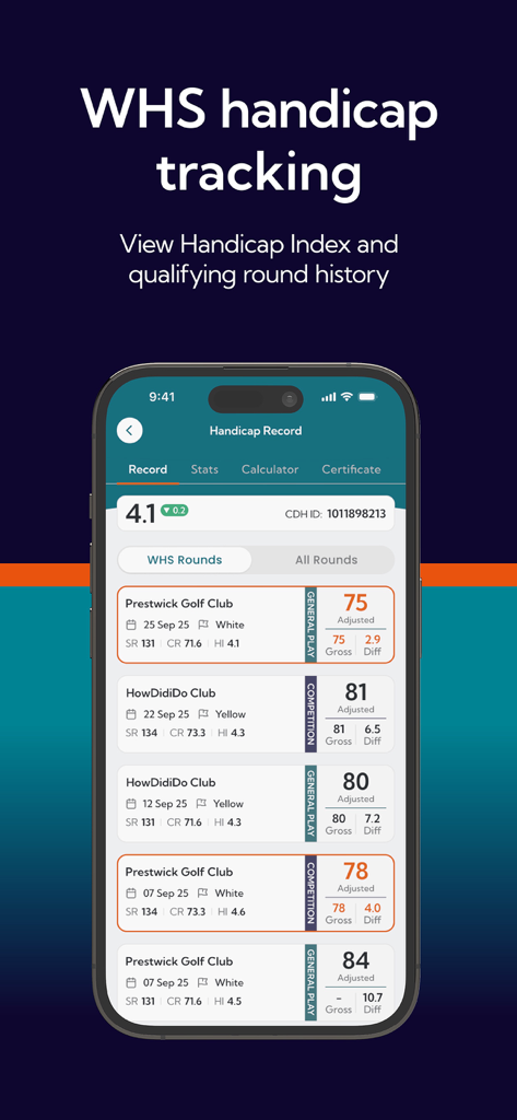 HowDidiDo - Schermata dell'app HowDidiDo che mostra l'indice di handicap WHS di un golfista e la cronologia dei punteggi dei round di qualificazione