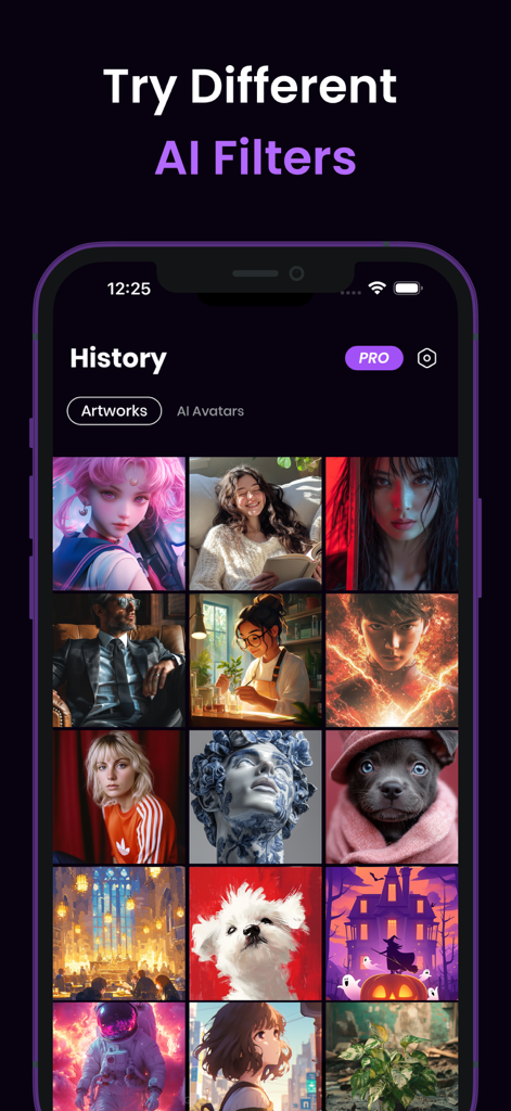 AI Fantasy- AI Image Generator - Smartphone screen showing the history gallery of AI Fantasy app with a grid of various AI generated artistic filters