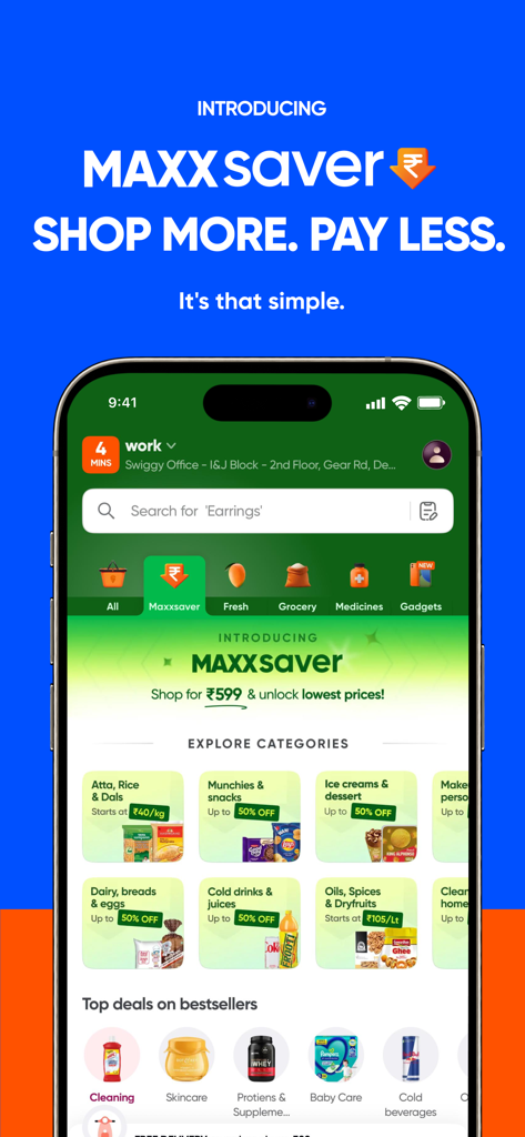 Instamart: Groceries & more - Tela do aplicativo Instamart com descontos em massa Maxxsaver em mercearia e itens essenciais do dia a dia