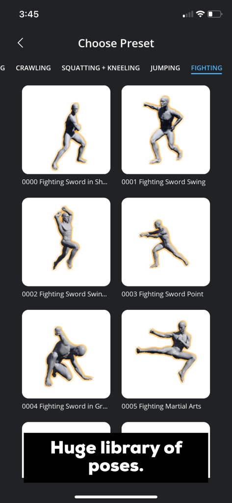 A library of 3D character fighting pose presets in the Magic Poser app