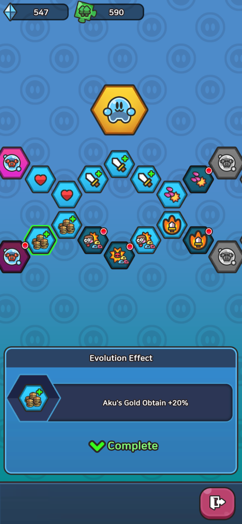 Legend of Slime: Idle RPG - Um menu de evolução hexagonal em Legend of Slime mostrando um aprimoramento de bônus de ouro concluído