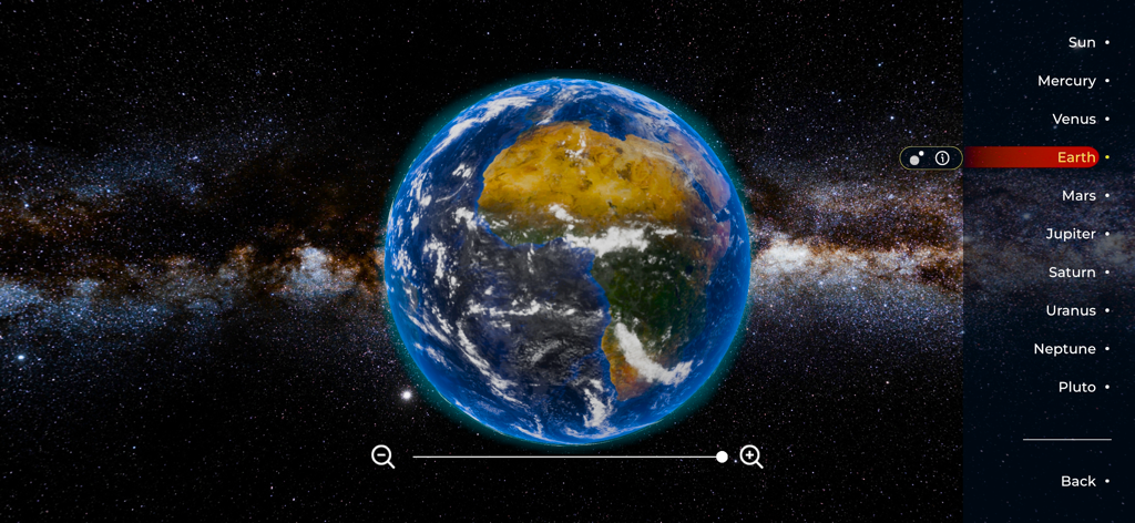 Solar System Planets: 3D Space - High resolution 3D model of Earth against a starry space background in the Solar System Planets app