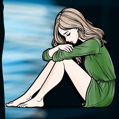 realistic women sitting down sad