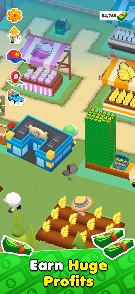 Gameplay de MicroTown.io montrant un personnage récoltant des produits à côté d'une grosse pile d'argent et d'étals de marché