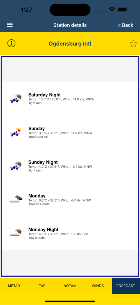 Aviation weather forecast for Ogdensburg International Airport showing wind and temperature details.