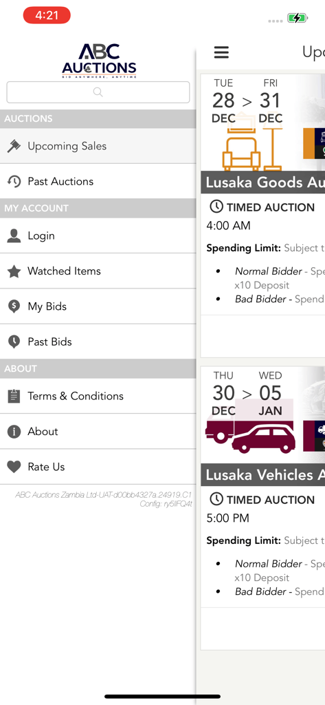 ABC Auctions Zambia app navigation menu and upcoming auction listings