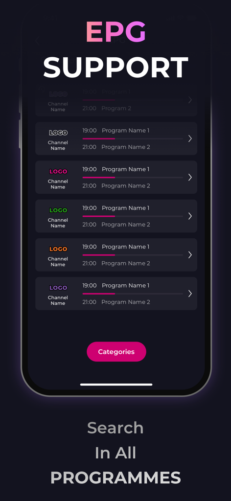 IPTV - Opus Player - Interfaz de Guía Electrónica de Programación en Opus Player mostrando horarios de TV en vivo y logotipos de canales.