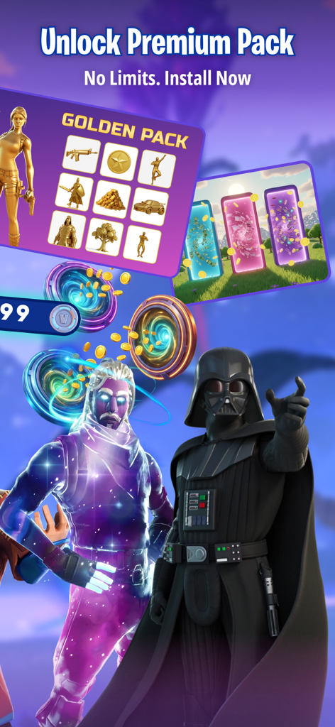 FZone - Fortnite Game Stats - Captura de pantalla de la app FZone promocionando el desbloqueo de paquetes premium con ítems dorados y personajes de Fortnite