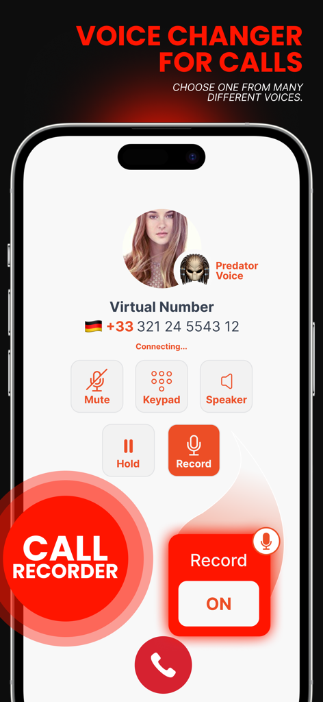 Magic Voice Changer for Calls interface showing a call in progress with predator voice effect and call recording active