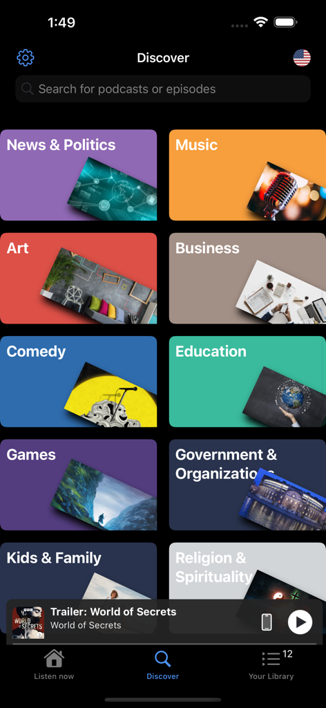 Der Entdeckungsbildschirm der Pods Podcast App, der eine Suchleiste und verschiedene Inhaltskategorien wie Nachrichten, Musik und Kunst anzeigt.