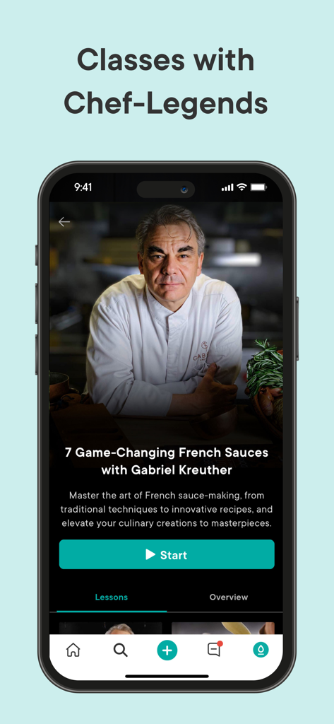 Gronda: Recipes for Chefs - Écran de l'application Gronda présentant une masterclass culinaire sur les sauces françaises avec le chef Gabriel Kreuther