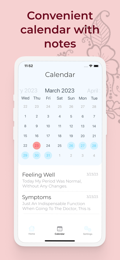 Period tracker : My Calendar - Menstrual cycle calendar interface with daily health notes