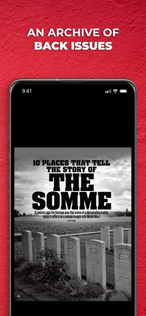 A screenshot of the History of War Magazine app displaying an article about the Battle of the Somme from its archive of back issues.