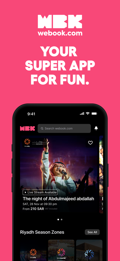webook.com – fun things to do - Webook app interface for discovering and booking events in Saudi Arabia