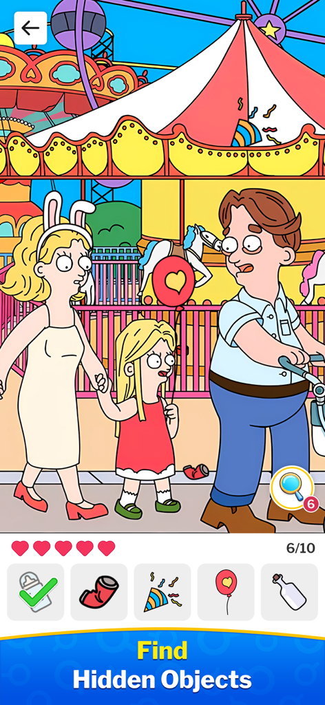 A colorful cartoon carnival scene in the Hidden Object Games app showing a family near a circus tent with a list of hidden items to find at the bottom.