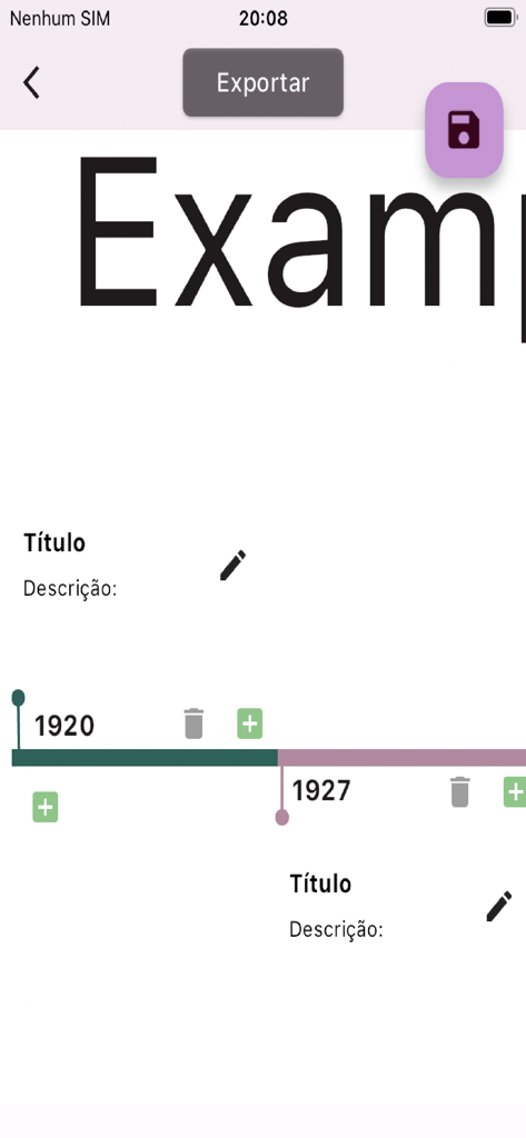 Interfaz de usuario de la aplicación Timeline Maker Easy mostrando una línea de tiempo horizontal con marcadores editables para los años 1920 y 1927.