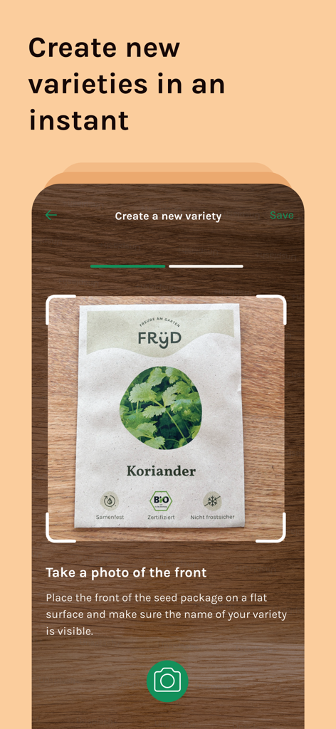 Garden Planner by Fryd - Frydガーデンプランナーアプリでコリアンダーの種子パックをスキャンして新しい品種を作成