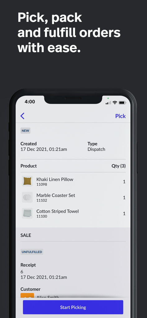 Mobile app interface of Lightspeed Scanner showing an order picking and fulfillment screen with a list of retail products.