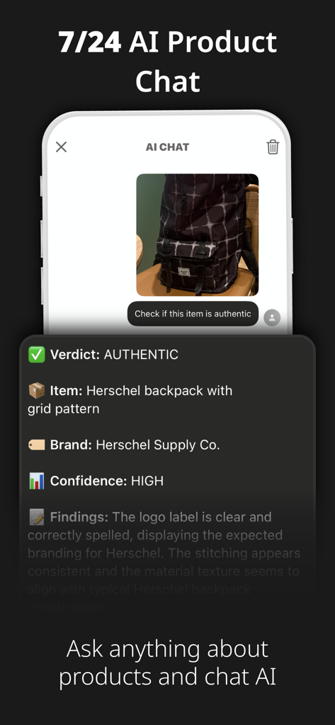 AI chat interface showing an authenticity verdict for a backpack with a high confidence score
