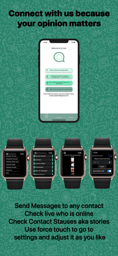 WChat:Chat For Watch - Interface of WChat showing setup guide on an iPhone and messaging features on multiple Apple Watch screens including contacts stories and settings
