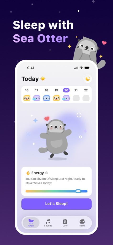 Otter Sleep-Sleep Tracker - Mobile interface of Otter Sleep app showing sleep energy stats and Nomi the sea otter mascot
