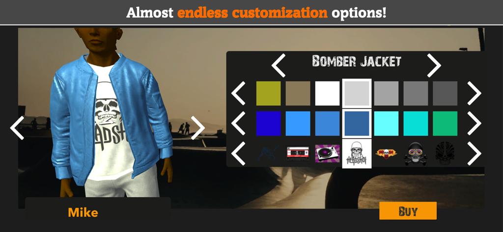 Pantalla de personalización de personajes en Scooter FE3D 2 con opciones de chaqueta bomber.
