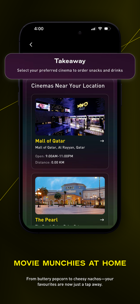 Schermata dell'app mobile Novo Cinemas per ordinare snack e bevande per il cinema da asporto.