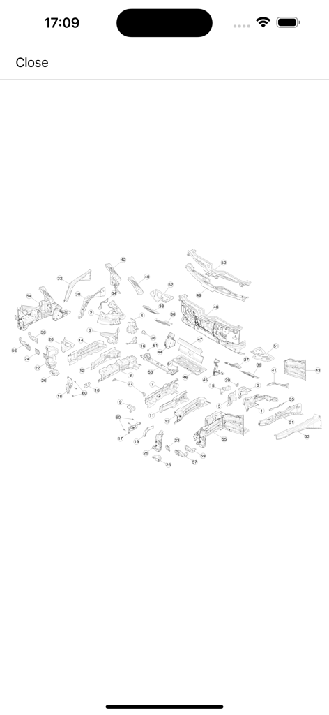 Detaillierte Explosionszeichnung von Tesla-Karosserieteilen mit Teilenummern