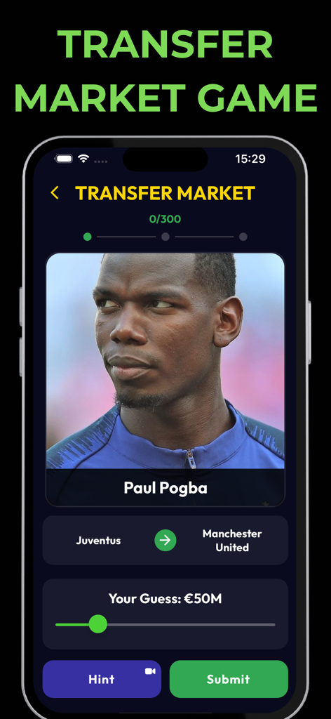 Footy Games - Football Bingo - Interface of a football transfer fee guessing game featuring Paul Pogba