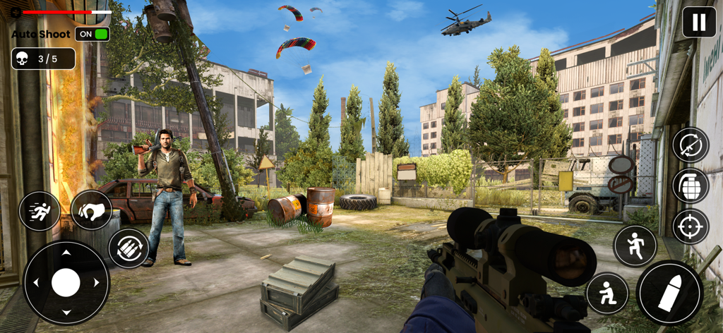 FPS Strike Modern Battle Force - First person sniper gameplay in FPS Strike Modern Battle Force showing an urban combat zone.