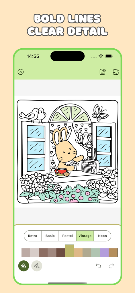 Cozy Coloring Book for Adults - Mobile app interface of Cozy Coloring Book showing a simple illustration of a bunny at a window with bold lines and clear details.
