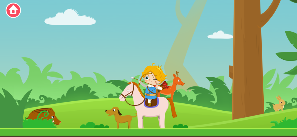 Il Piccolo Principe che cavalca un cavallo e pratica il tiro con l'arco in una foresta circondata da animali come un cervo, un cane e un coniglio.