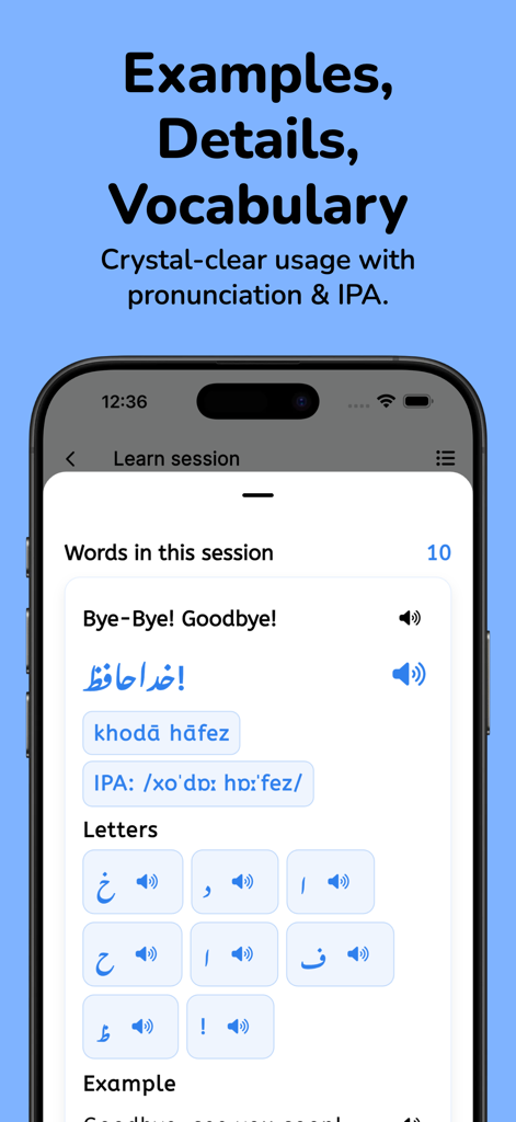 Tela do aplicativo de idioma persa mostrando uma lição de vocabulário para adeus com escrita e pronúncia IPA.