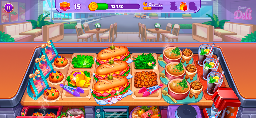 Cooking Crush Cooking Games - A cooking game screen showing sandwiches soup and drinks at a deli counter