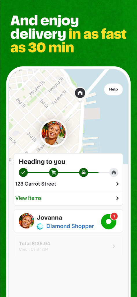 Instacart app screen showing real-time grocery delivery tracking on a map with a shopper profile