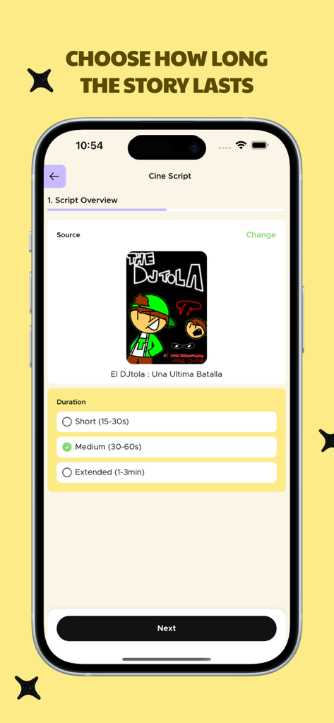 Potato: Movies Social Viral - Interfaz de la aplicación móvil mostrando opciones para elegir la duración del guion del video para contenido de formato corto para redes sociales