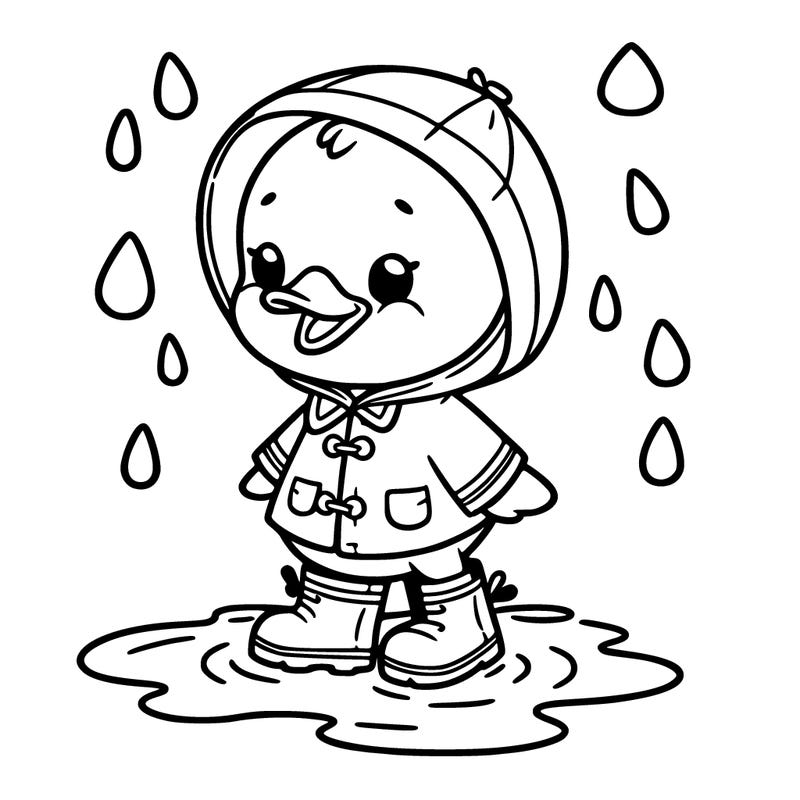 baby duck in a rain coat and boots, in a puddle while it’s raining