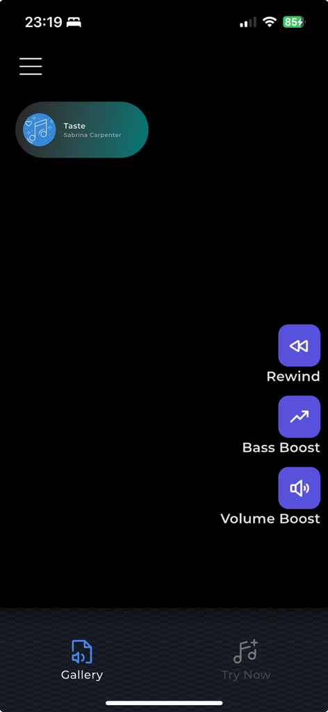 Interface of Volume Booster app showing music player with bass boost and volume control buttons