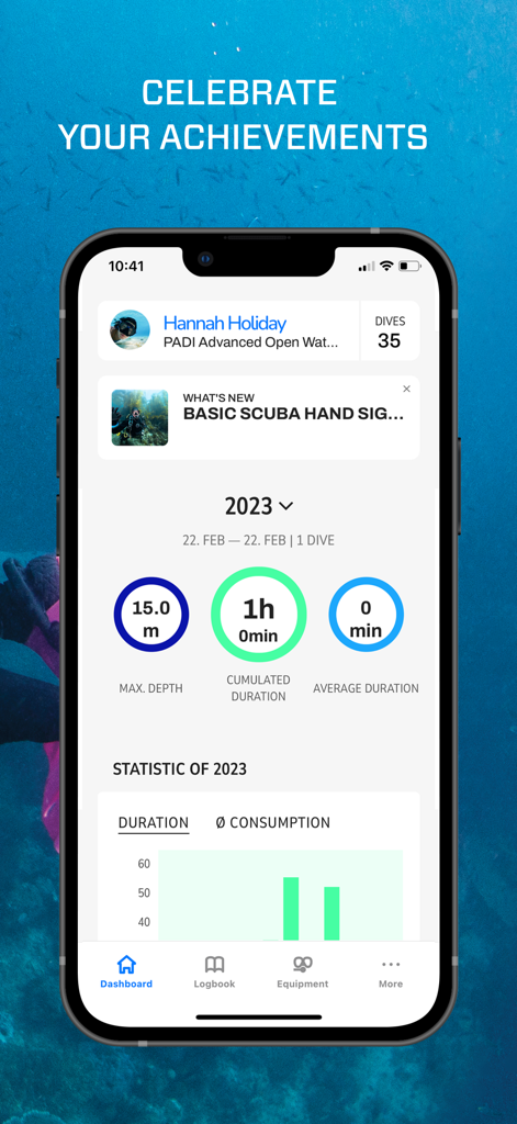 Panel de SCUBAPRO LogTRAK 2.0 que muestra logros de buceo y estadísticas de profundidad