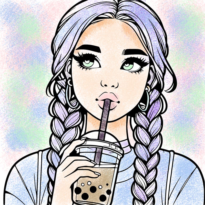 realistic girl with braided hair drinking boba