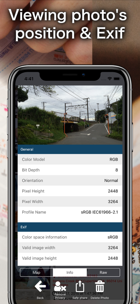 Exif delete - Photo Secure - Interface de smartphone mostrando metadados de fotos e informações EXIF no aplicativo Exif delete.