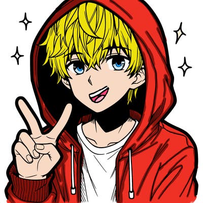 teenage manga boy in a hoodie, doing ✌