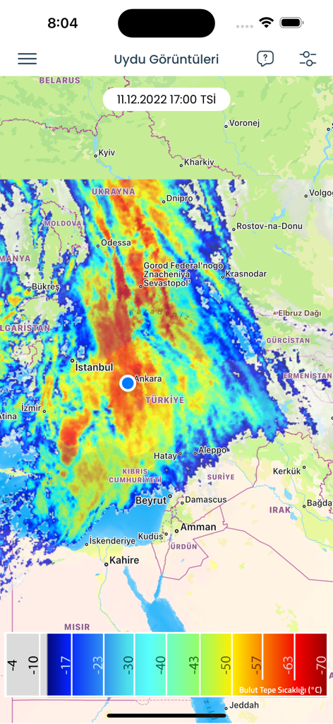 Satellite map of Turkey showing cloud top temperatures in the Hava Durumu Meteoroloji app.