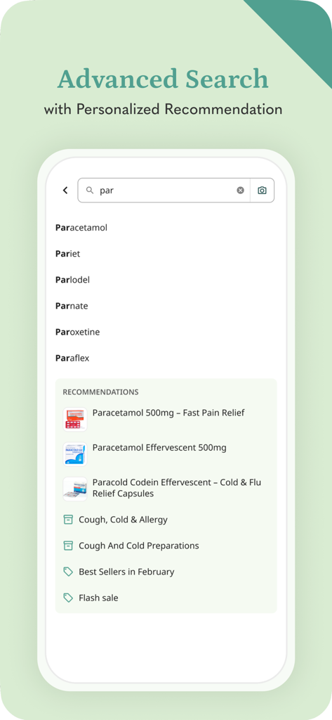 Advanced search screen of the EZ Rx app showing personalized medicine recommendations