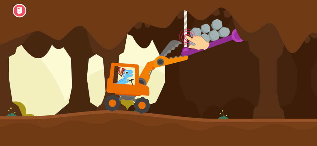 Un dinosaure bleu conduisant une excavatrice orange à l'intérieur d'une grotte pour déplacer des rochers