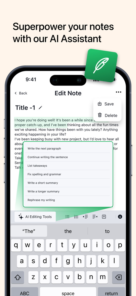 Ein Smartphone, das die KI-Notizen-Assistent-Oberfläche mit Textbearbeitungsoptionen wie Zusammenfassen und Umformulieren zeigt