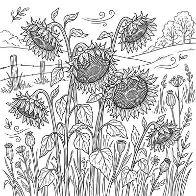 Capture the poignant beauty of late summer with this intricate wilting sunflowers coloring page. Reflect on nature's enduring cycle as you bring this detailed meadow scene to life with your favorite colors.