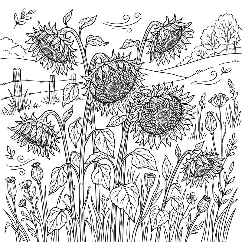 Capture the poignant beauty of late summer with this intricate wilting sunflowers coloring page. Reflect on nature's enduring cycle as you bring this detailed meadow scene to life with your favorite colors.